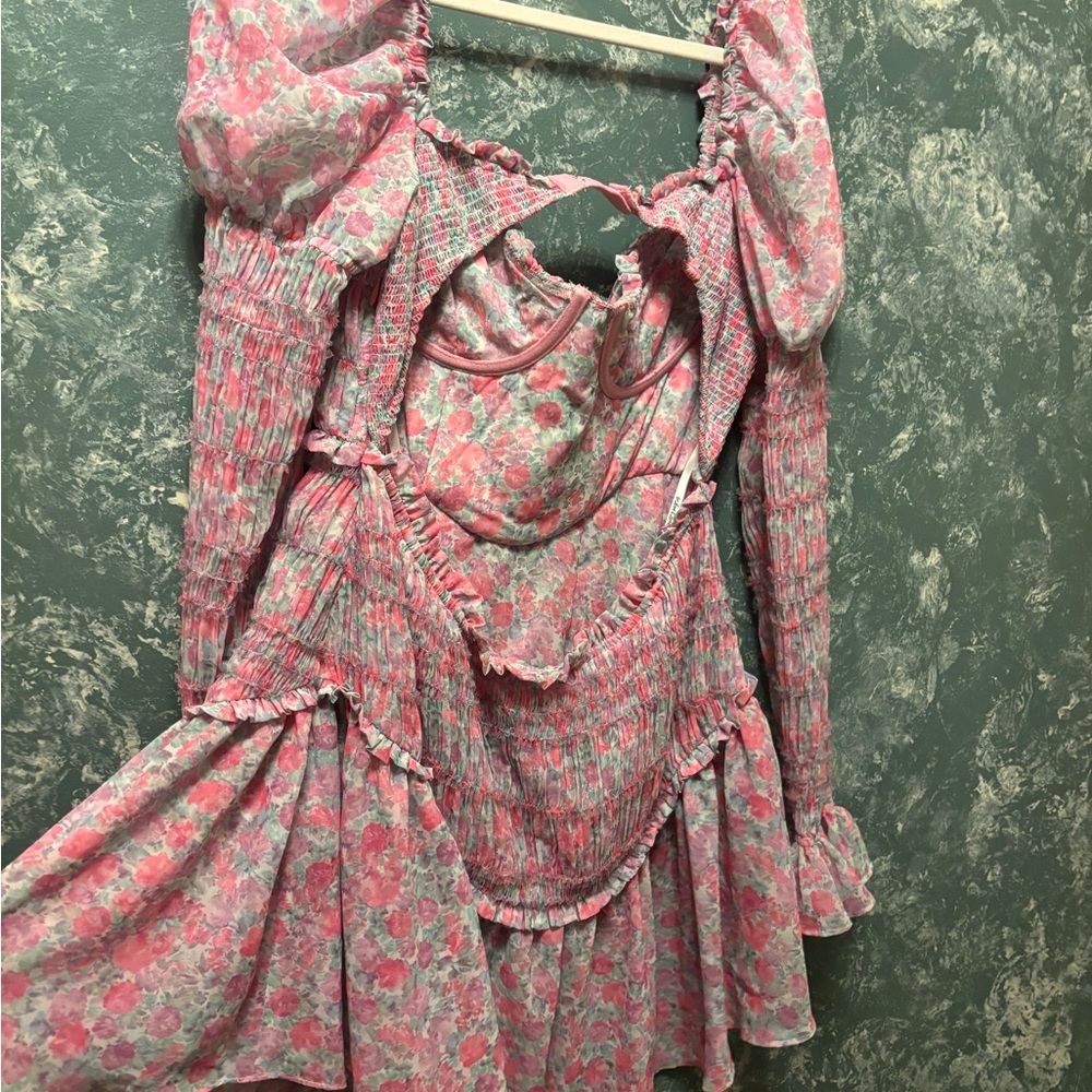 For Love & Lemons Pink Floral Backless Smocked Mini Dress - Picture 4 of 5